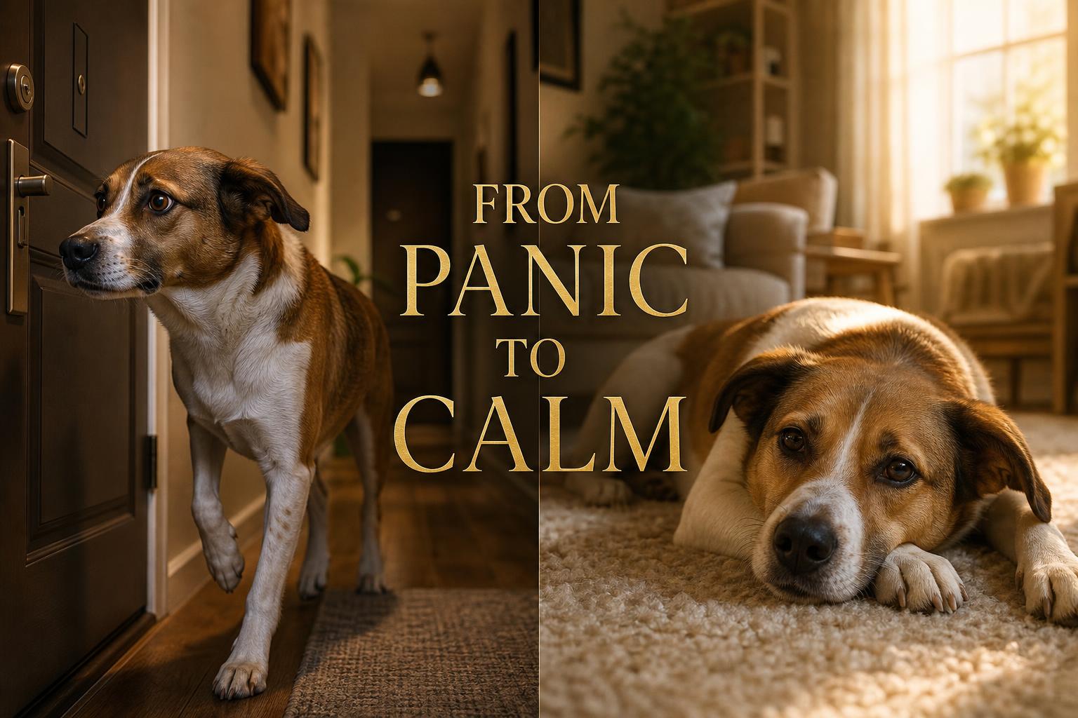 Transformation: anxious mixed-breed dog at the door to calm, relaxed dog at home — From Panic to Calm